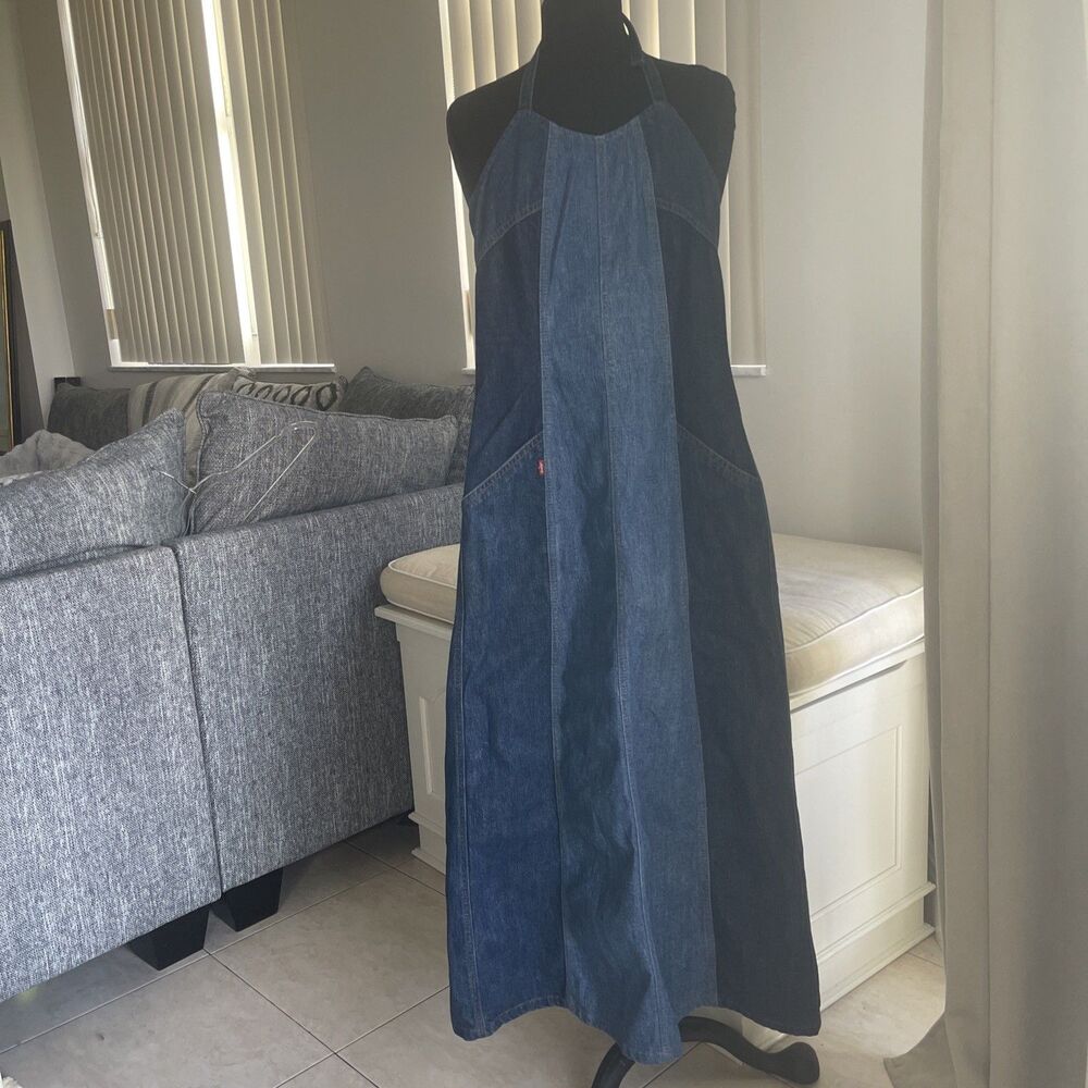 Levi’s XS Denim Patchwork Halter Maxi Dress Boho Vintage Blue Jean